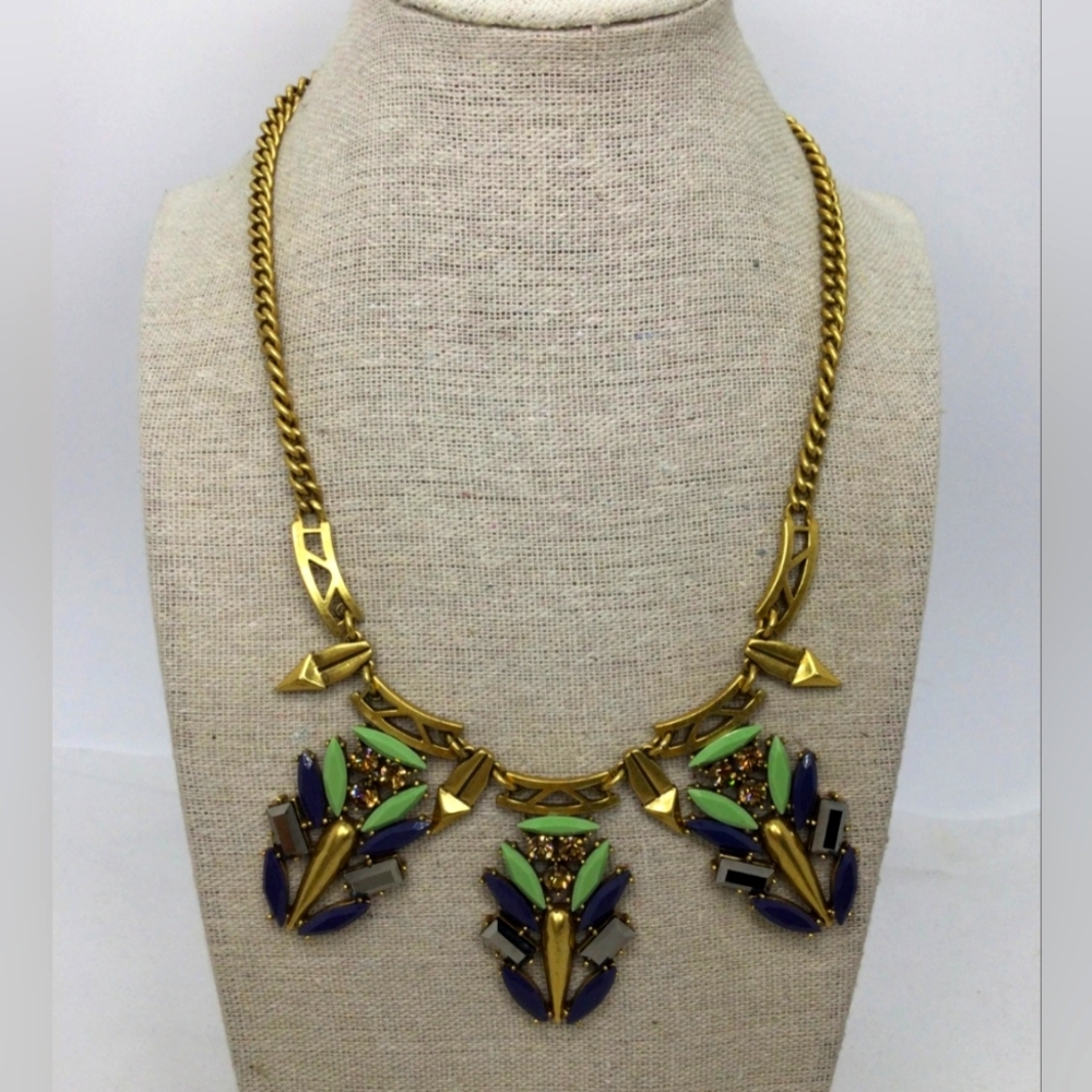 J Crew Goldtone Mixed Color Rhinestone Statement Necklace 16"